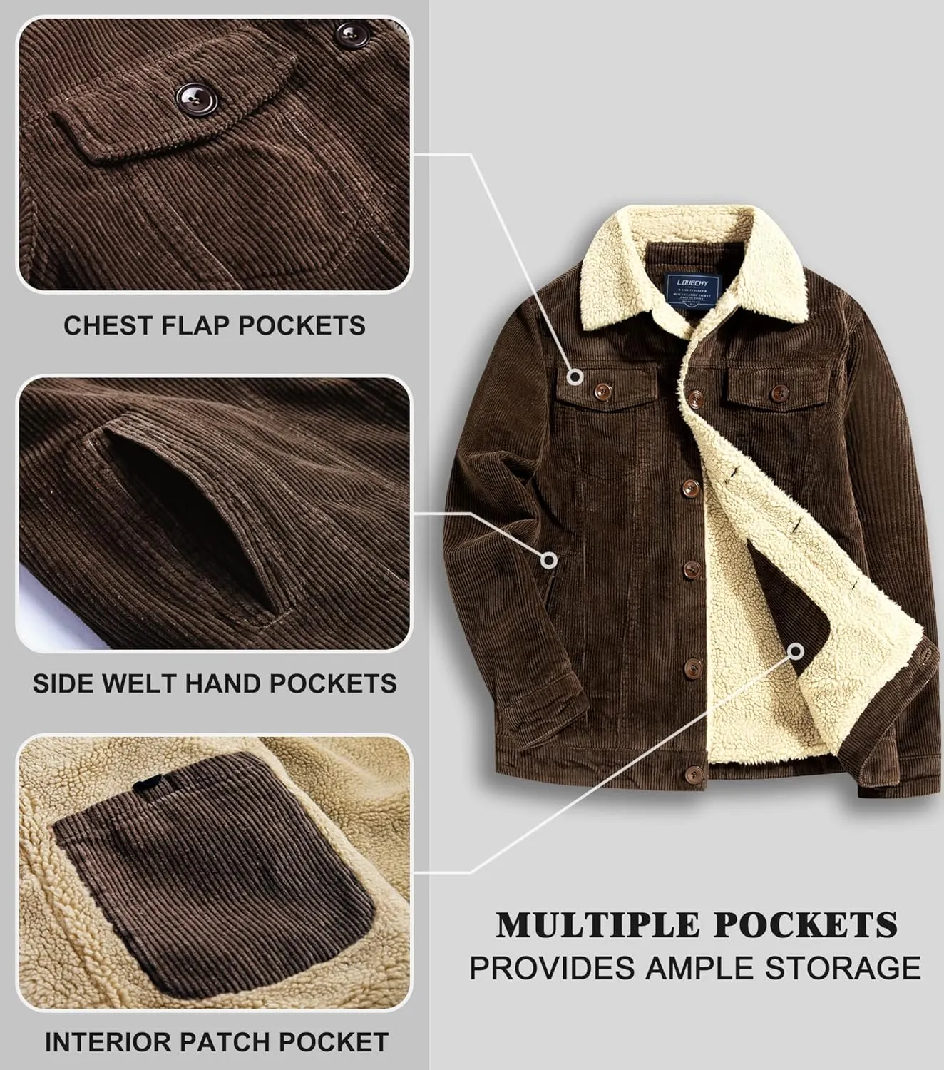LOUECHY Men's Corduroy Sherpa Lined Trucker Jacket Thickened Warm Winter Coats