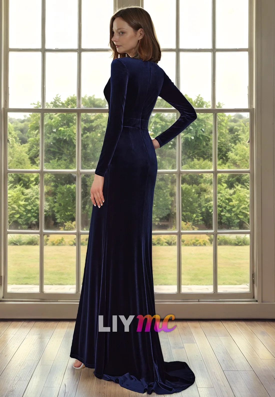 M1272 - V-Neck Long Sleeves High Slit Sleek Satin Mother of Bride Dress Cocktail Dress