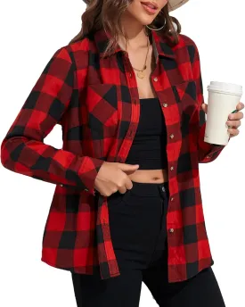 MARZXIN Plaid Flannel Shirt for Women Oversized Long Sleeve Button Down Shirts Casual Loose Blouse Tops