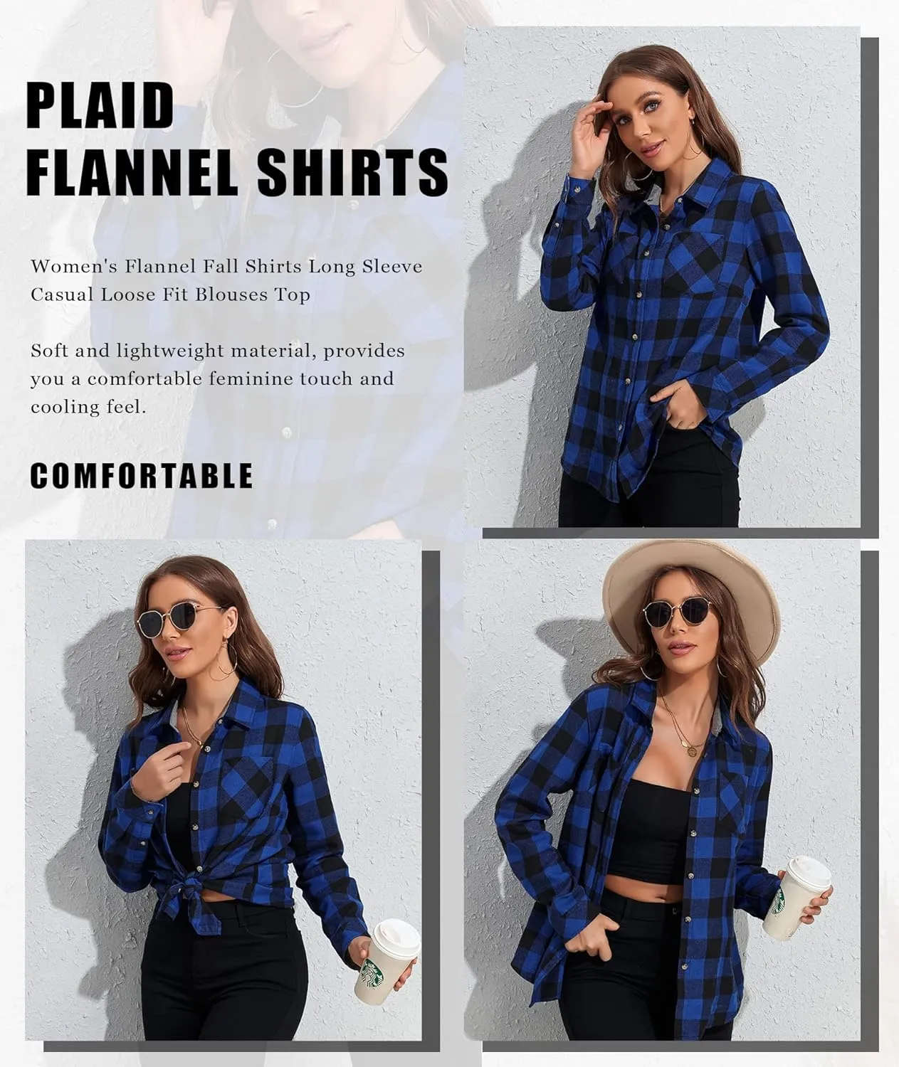 MARZXIN Plaid Flannel Shirt for Women Oversized Long Sleeve Button Down Shirts Casual Loose Blouse Tops