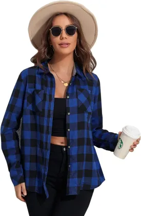 MARZXIN Plaid Flannel Shirt for Women Oversized Long Sleeve Button Down Shirts Casual Loose Blouse Tops
