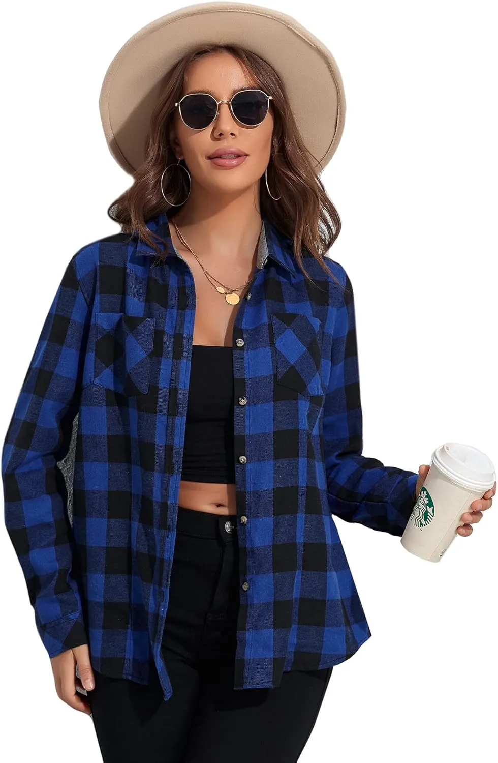 MARZXIN Plaid Flannel Shirt for Women Oversized Long Sleeve Button Down Shirts Casual Loose Blouse Tops