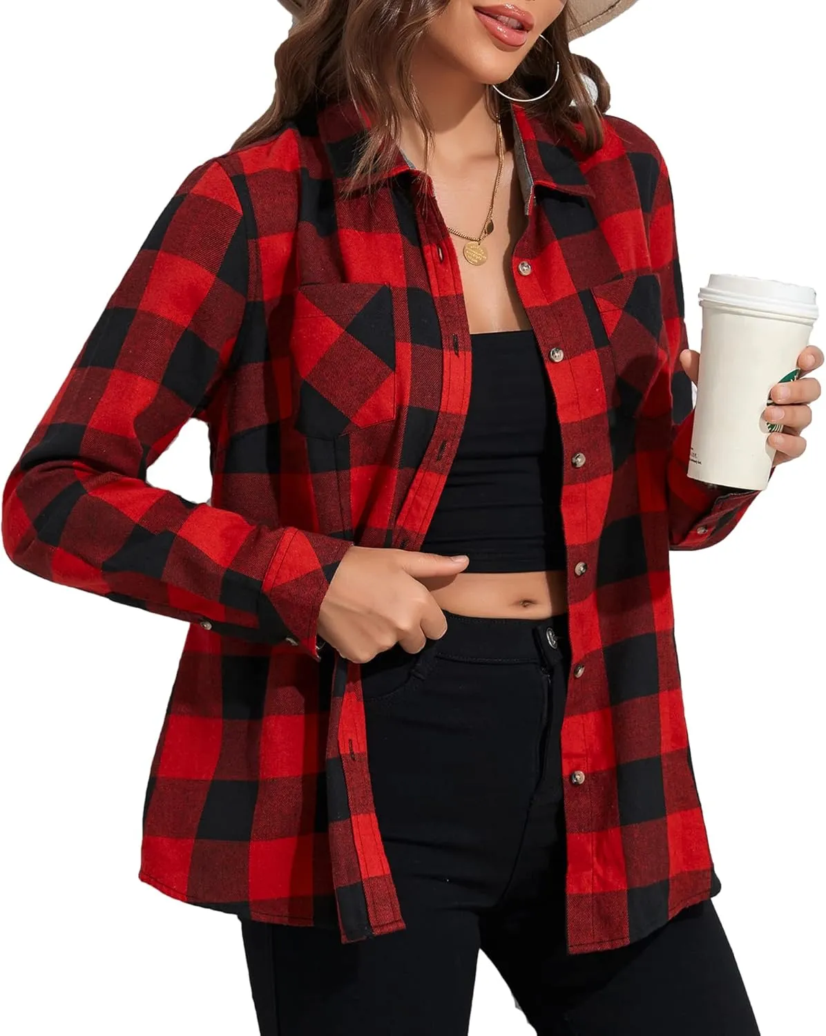 MARZXIN Plaid Flannel Shirt for Women Oversized Long Sleeve Button Down Shirts Casual Loose Blouse Tops