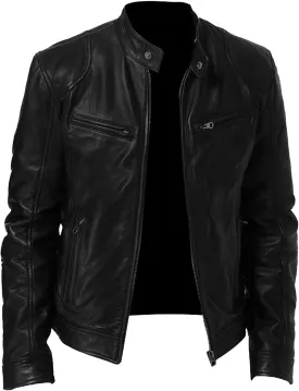 Men's Casual Leather Jacket Motorcycle Lightweight PU Outwear Stand Collar Bomber Leather Jacket