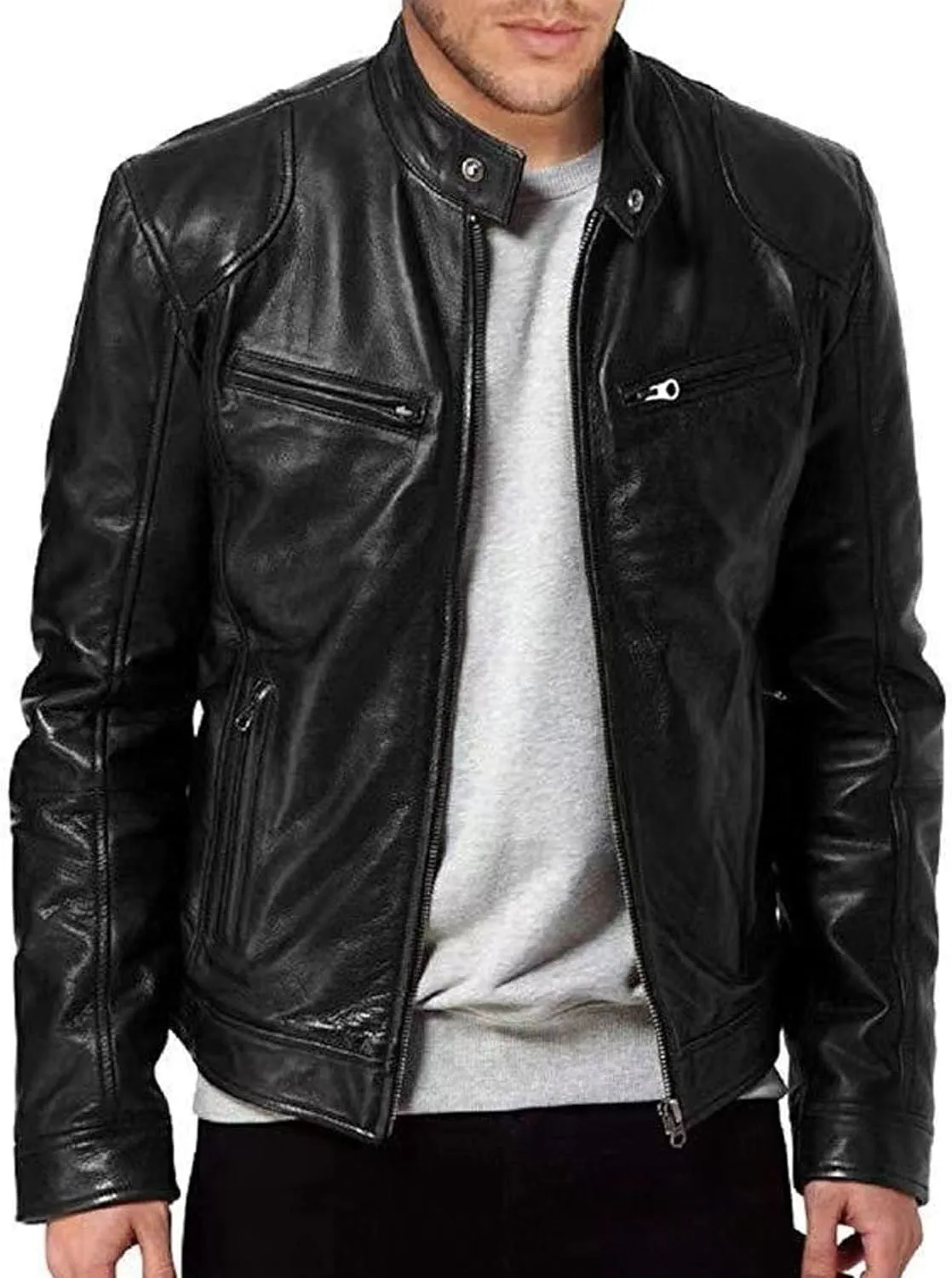 Men's Casual Leather Jacket Motorcycle Lightweight PU Outwear Stand Collar Bomber Leather Jacket