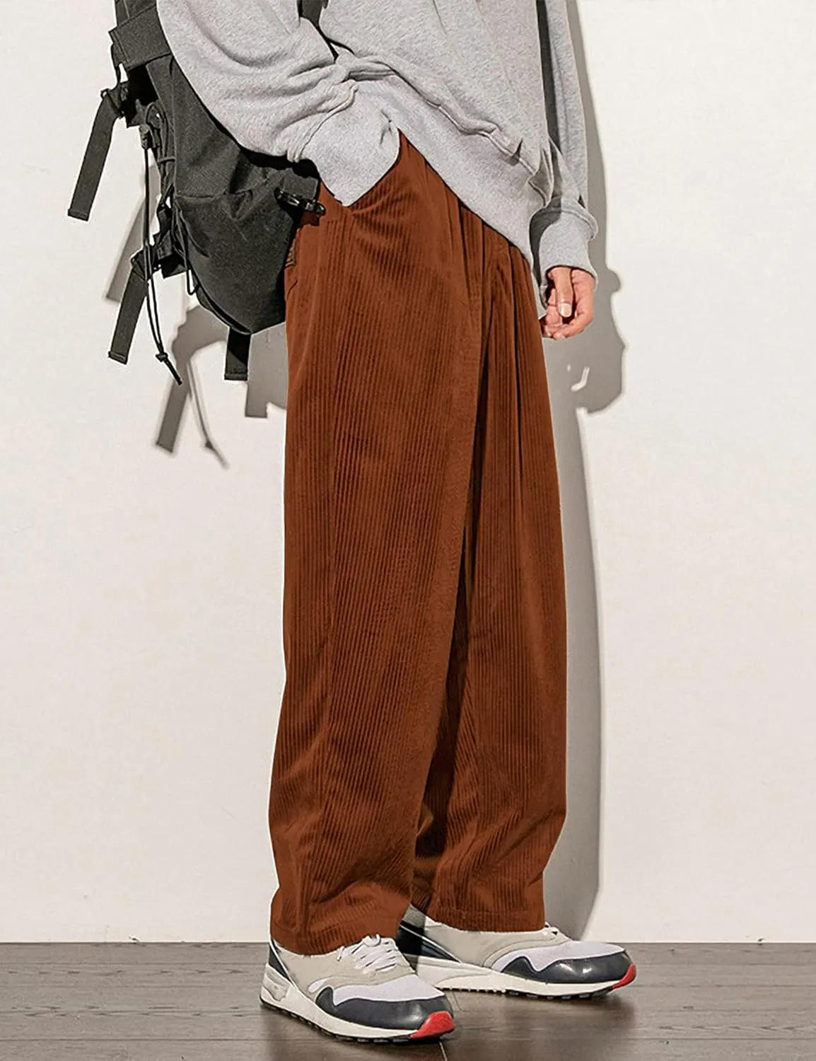 Men's Corduroy Pants Elastic Waist Straight Leg Casual Wide Leg Baggy Palazzo Pants with Pocket