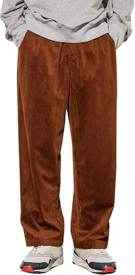 Men's Corduroy Pants Elastic Waist Straight Leg Casual Wide Leg Baggy Palazzo Pants with Pocket