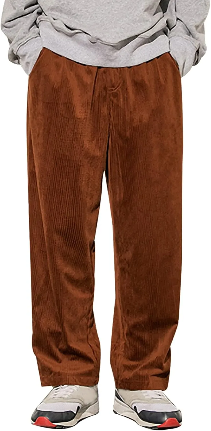 Men's Corduroy Pants Elastic Waist Straight Leg Casual Wide Leg Baggy Palazzo Pants with Pocket