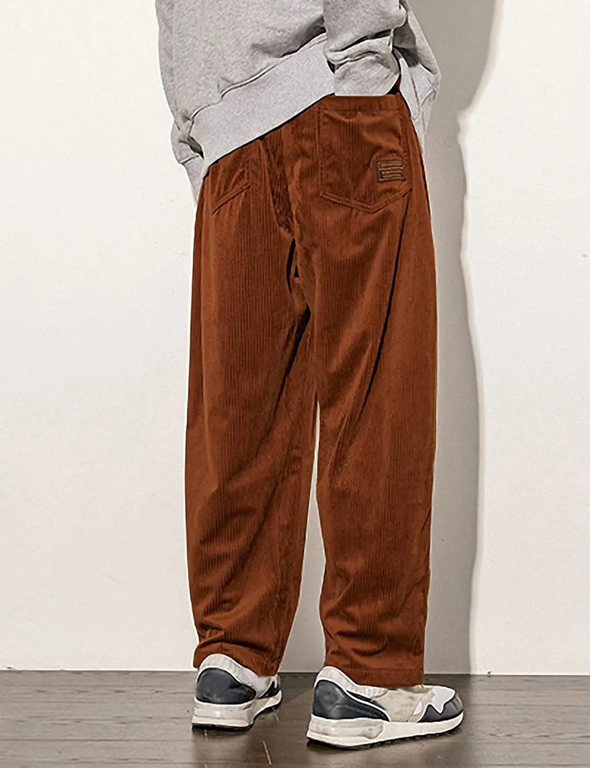 Men's Corduroy Pants Elastic Waist Straight Leg Casual Wide Leg Baggy Palazzo Pants with Pocket
