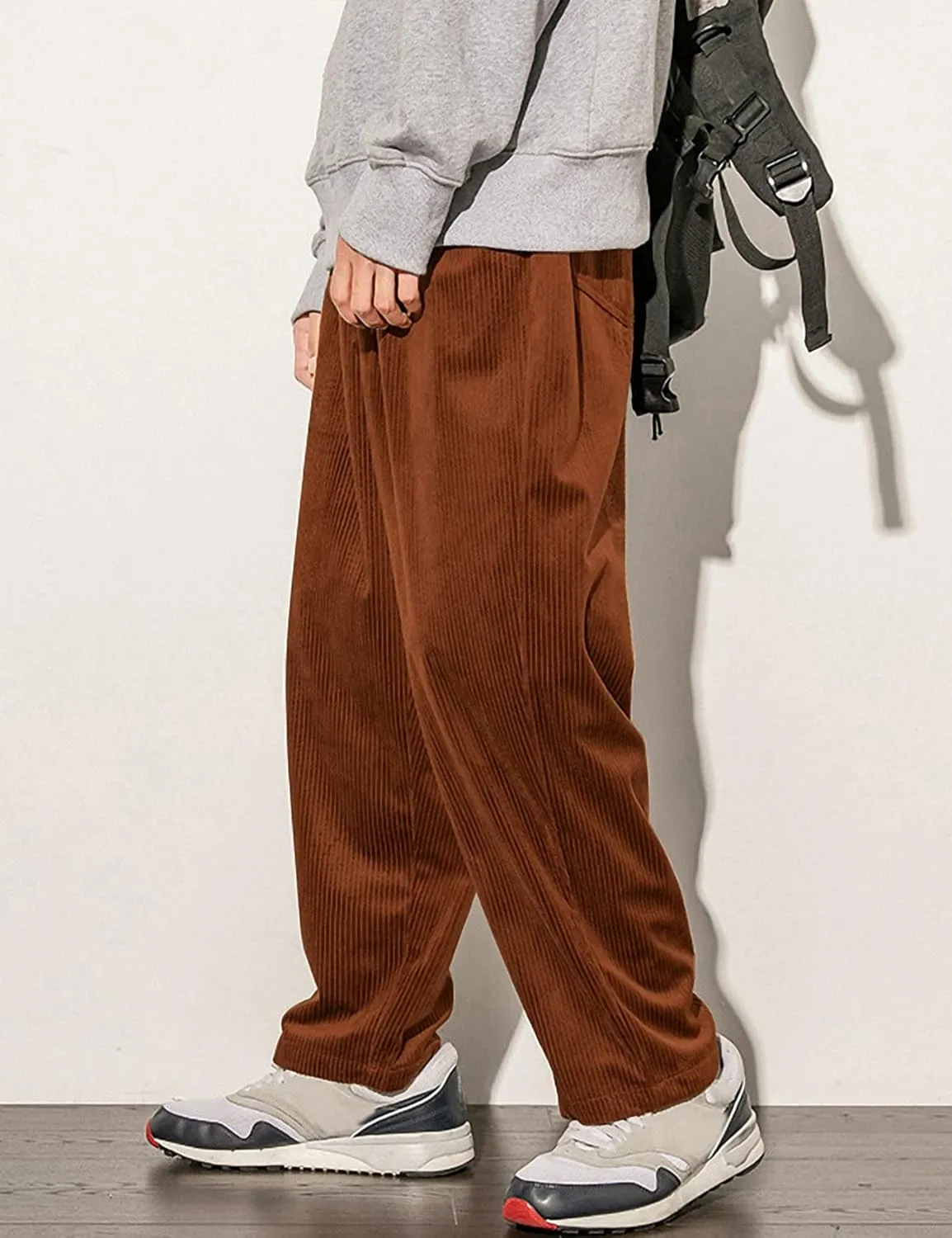 Men's Corduroy Pants Elastic Waist Straight Leg Casual Wide Leg Baggy Palazzo Pants with Pocket