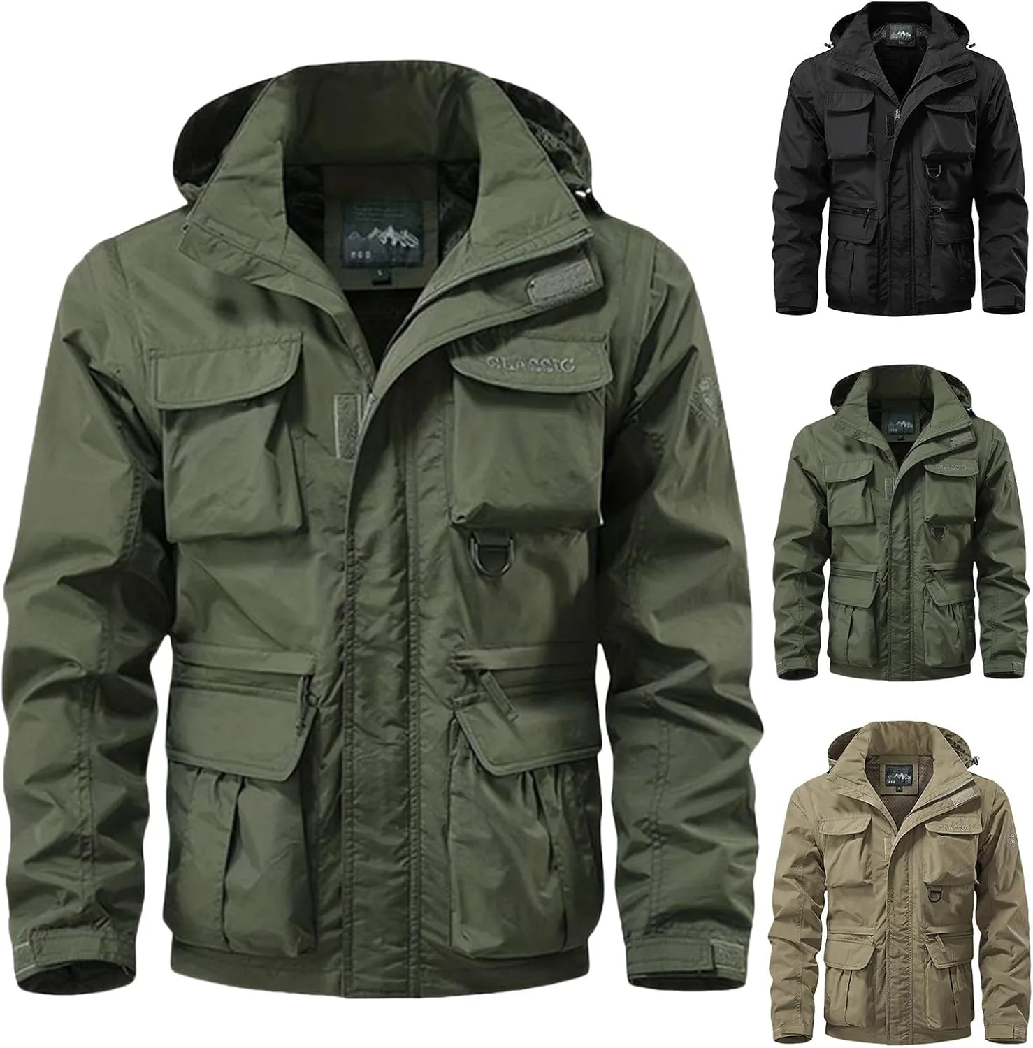 Men's Military Lightweight Jacket Army Cargo Windbreaker Zip Front Stand Collar Cotton Jackets with Multi Pockets