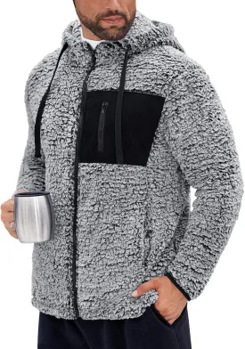 Men's Sherpa Zipper Hoodie Fuzzy Fleece Jacket Color Block Thermal Cardigan with Pockets (S-XXL)