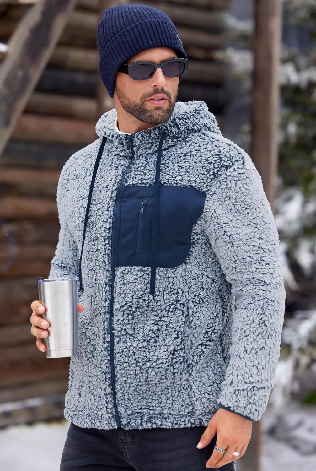 Men's Sherpa Zipper Hoodie Fuzzy Fleece Jacket Color Block Thermal Cardigan with Pockets (S-XXL)