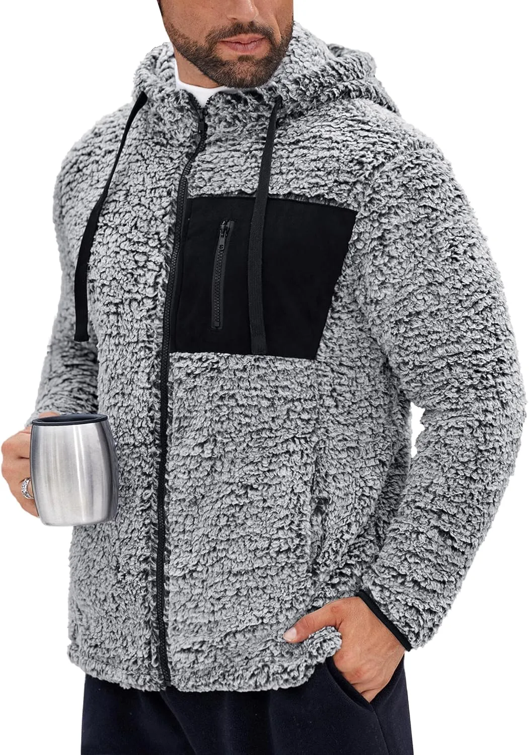 Men's Sherpa Zipper Hoodie Fuzzy Fleece Jacket Color Block Thermal Cardigan with Pockets (S-XXL)