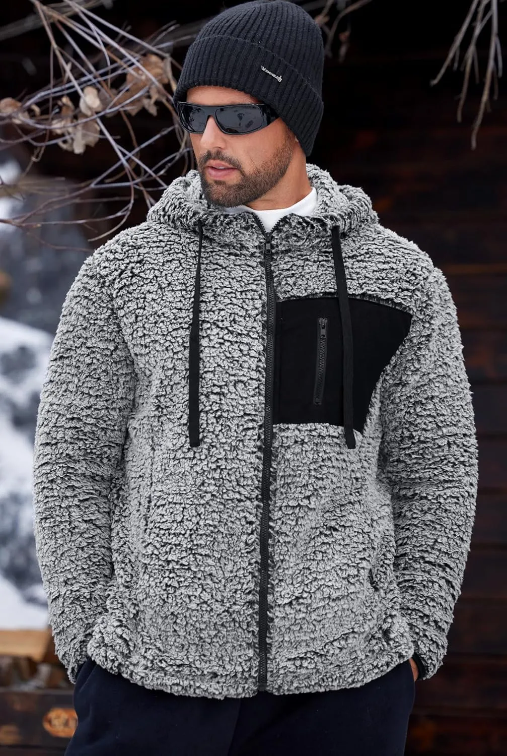 Men's Sherpa Zipper Hoodie Fuzzy Fleece Jacket Color Block Thermal Cardigan with Pockets (S-XXL)