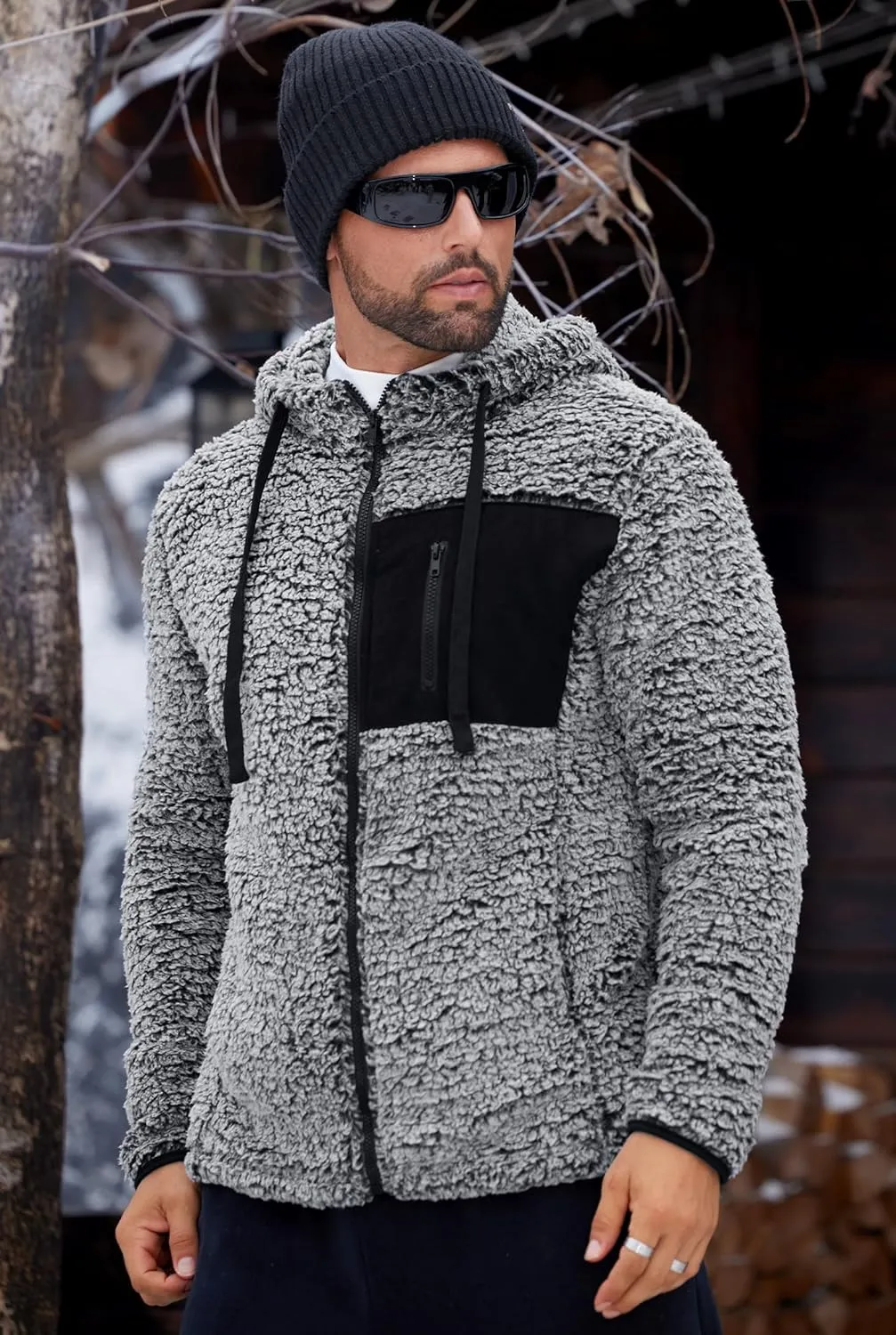 Men's Sherpa Zipper Hoodie Fuzzy Fleece Jacket Color Block Thermal Cardigan with Pockets (S-XXL)