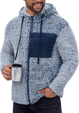 Men's Sherpa Zipper Hoodie Fuzzy Fleece Jacket Color Block Thermal Cardigan with Pockets (S-XXL)