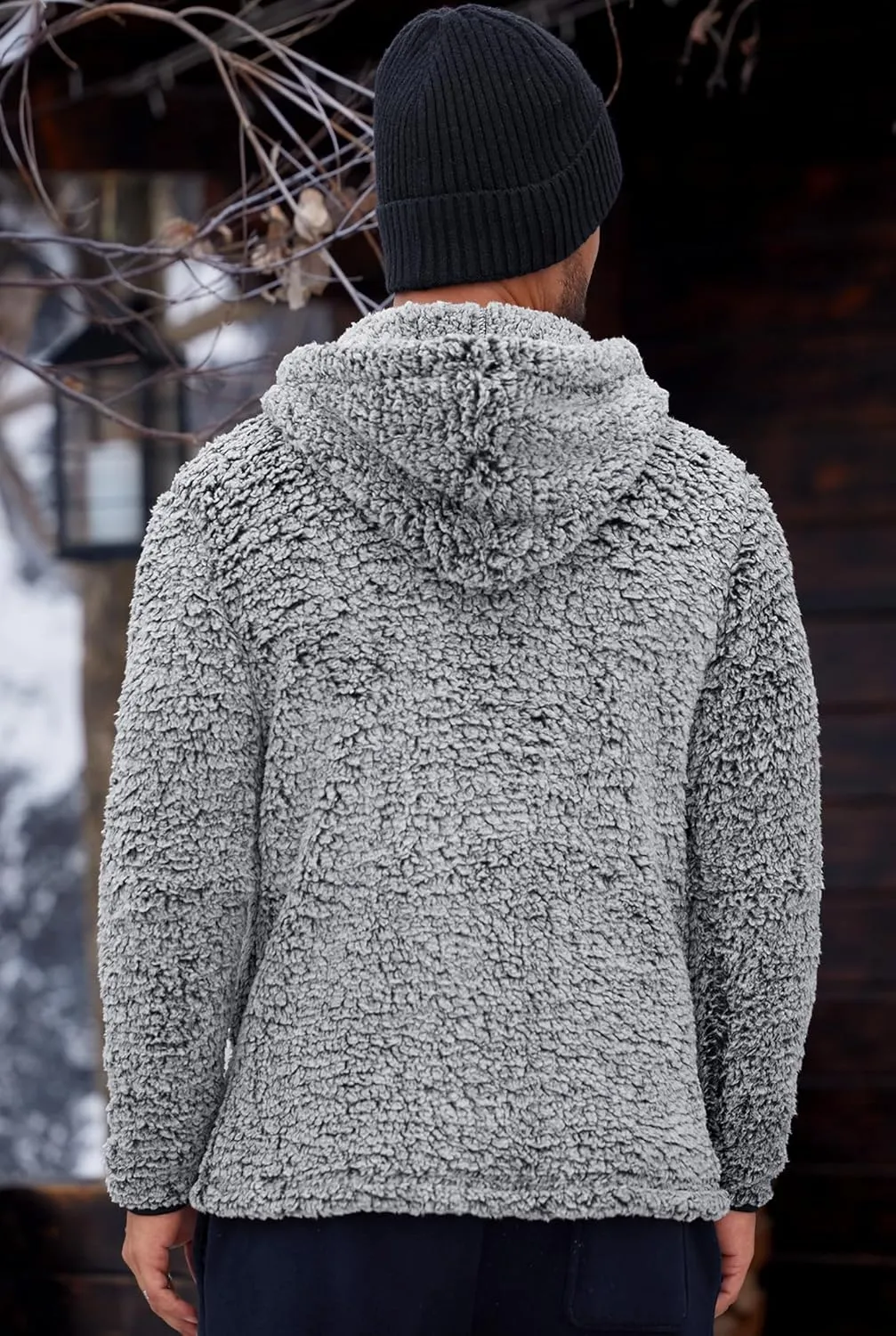 Men's Sherpa Zipper Hoodie Fuzzy Fleece Jacket Color Block Thermal Cardigan with Pockets (S-XXL)