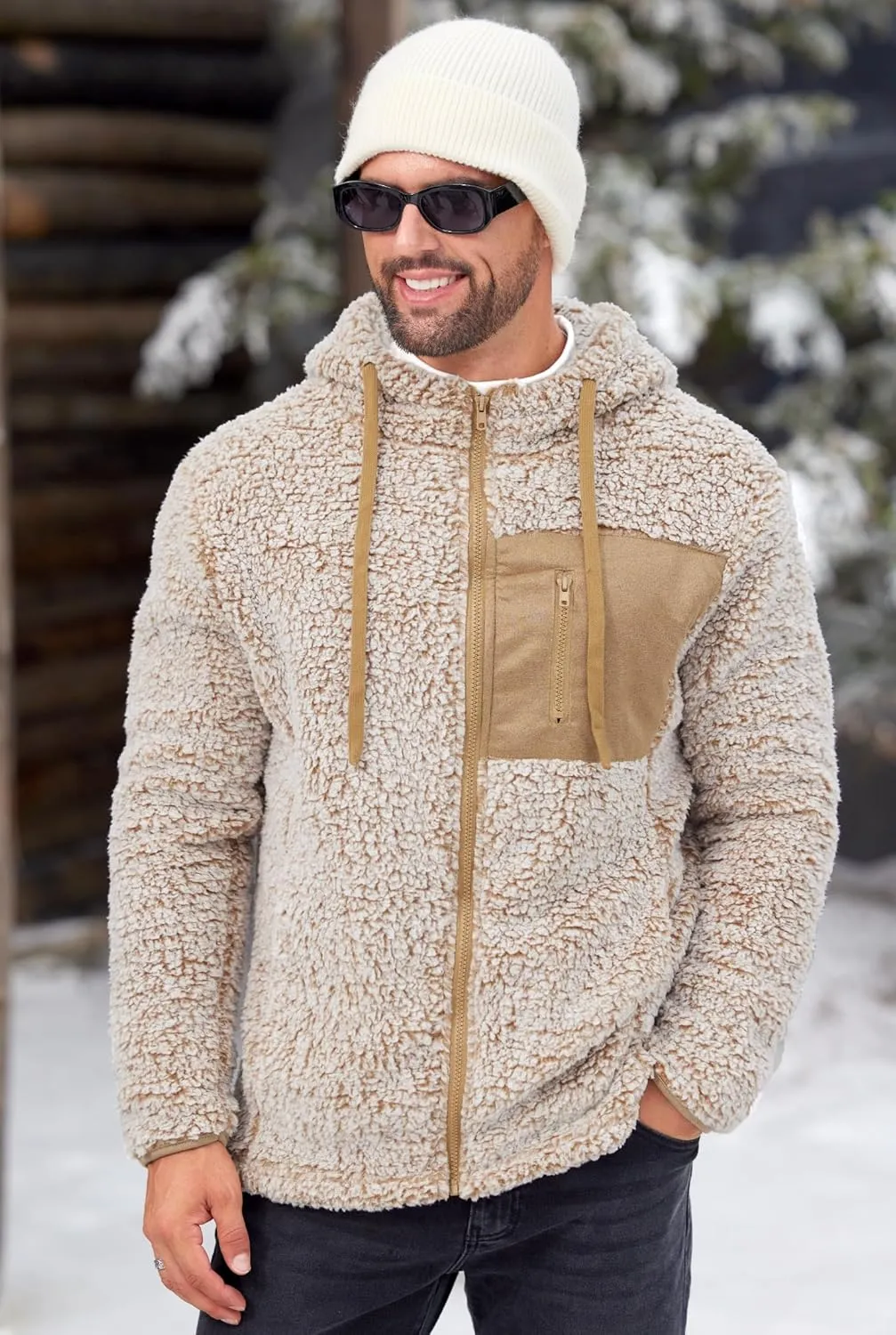 Men's Sherpa Zipper Hoodie Fuzzy Fleece Jacket Color Block Thermal Cardigan with Pockets (S-XXL)