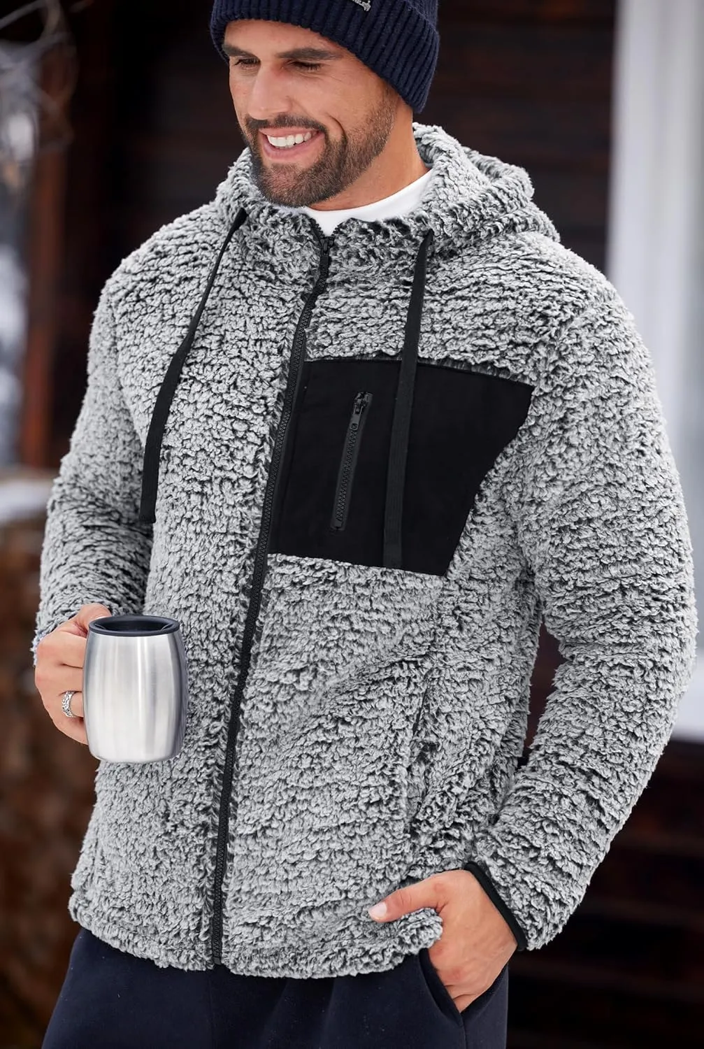 Men's Sherpa Zipper Hoodie Fuzzy Fleece Jacket Color Block Thermal Cardigan with Pockets (S-XXL)