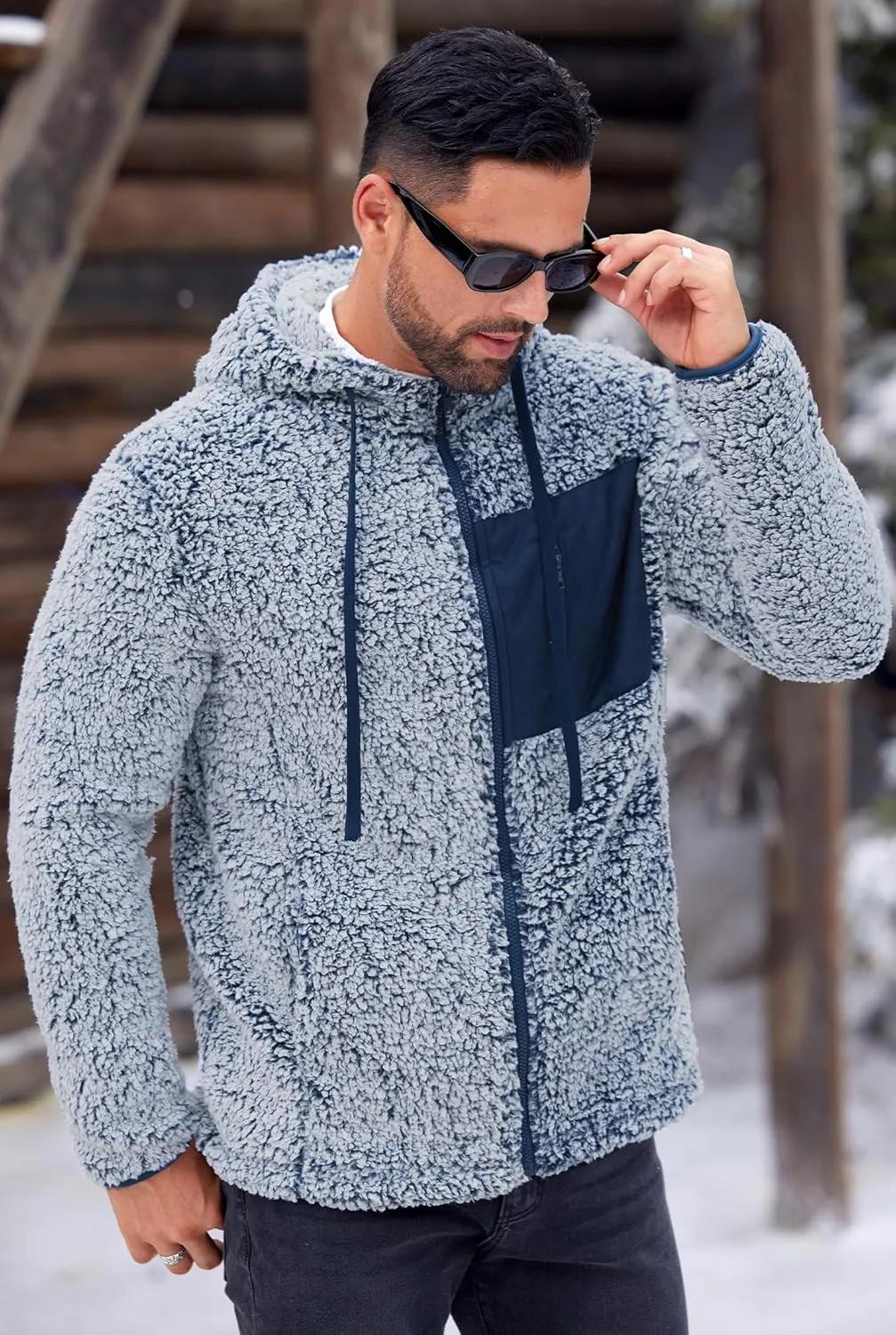 Men's Sherpa Zipper Hoodie Fuzzy Fleece Jacket Color Block Thermal Cardigan with Pockets (S-XXL)