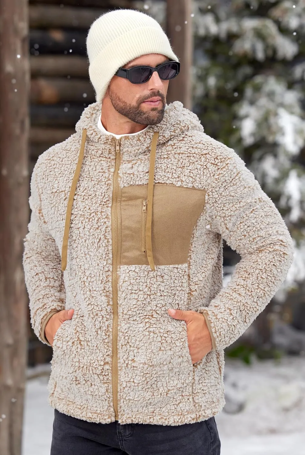 Men's Sherpa Zipper Hoodie Fuzzy Fleece Jacket Color Block Thermal Cardigan with Pockets (S-XXL)