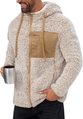 Men's Sherpa Zipper Hoodie Fuzzy Fleece Jacket Color Block Thermal Cardigan with Pockets (S-XXL)