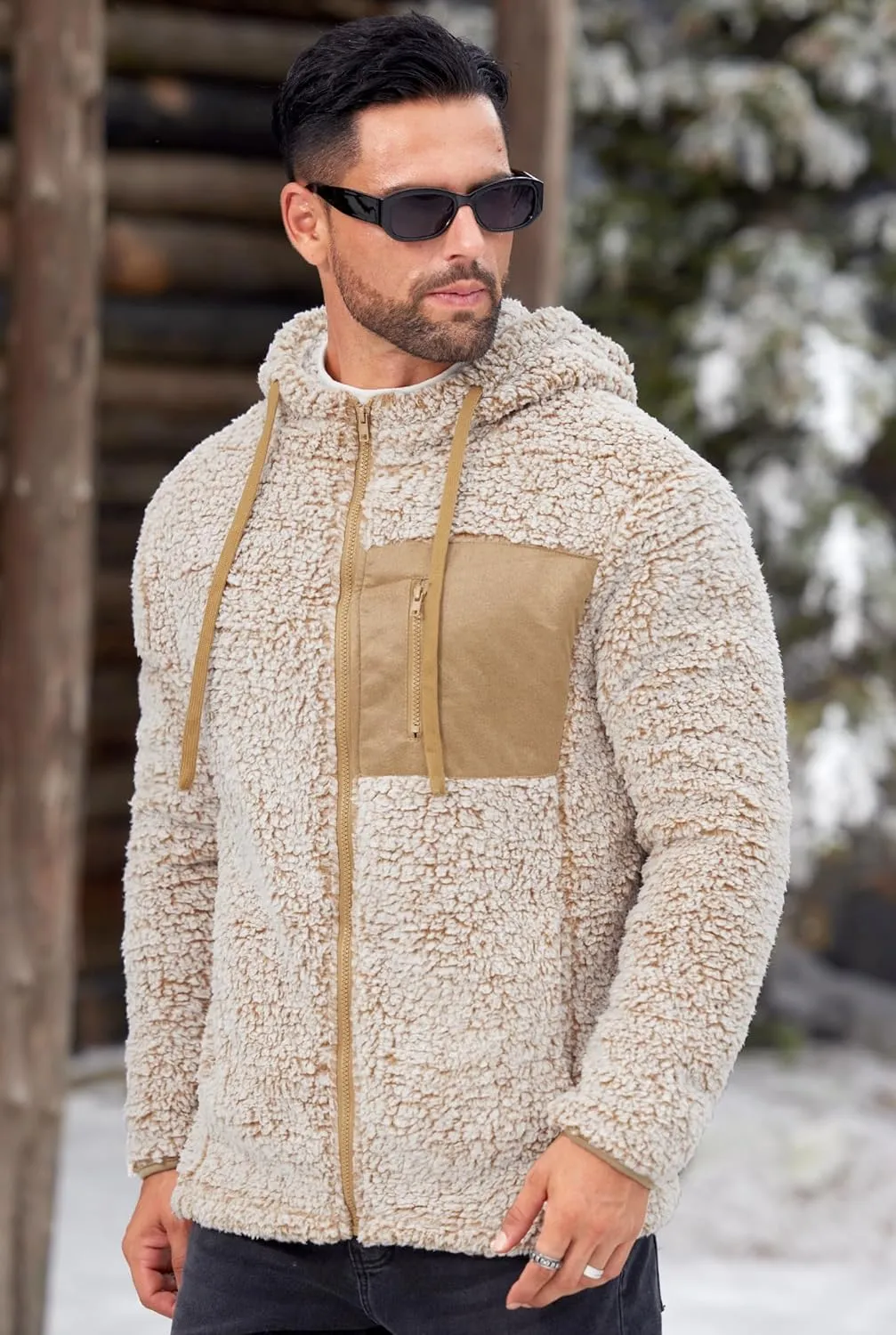 Men's Sherpa Zipper Hoodie Fuzzy Fleece Jacket Color Block Thermal Cardigan with Pockets (S-XXL)