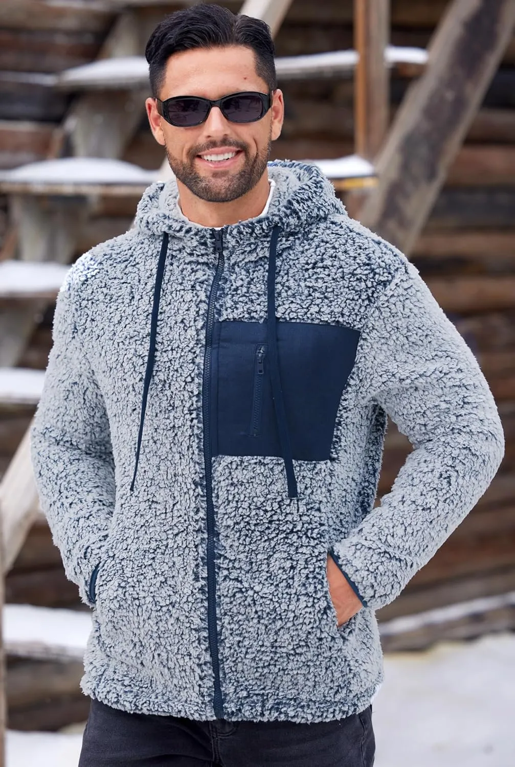 Men's Sherpa Zipper Hoodie Fuzzy Fleece Jacket Color Block Thermal Cardigan with Pockets (S-XXL)