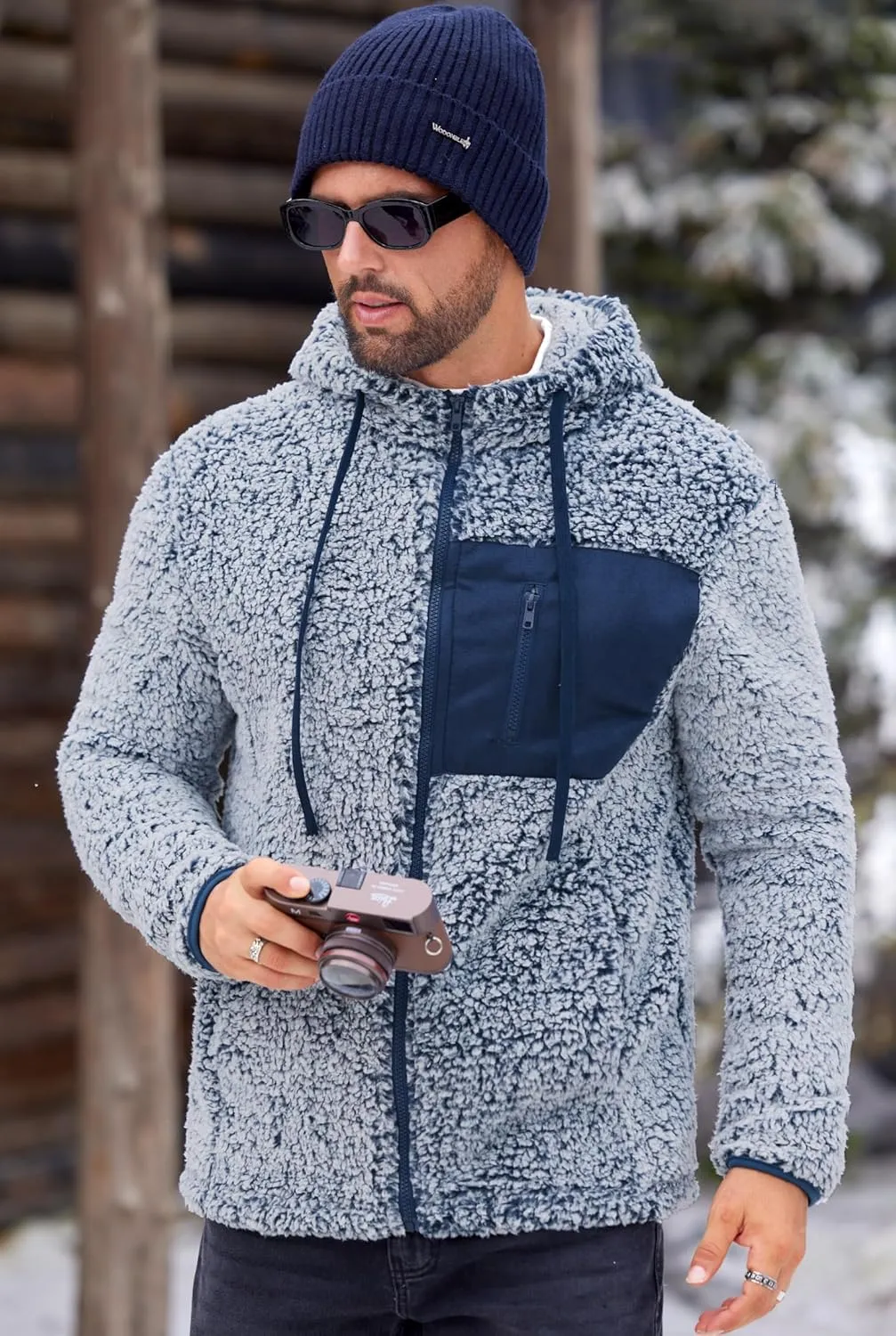 Men's Sherpa Zipper Hoodie Fuzzy Fleece Jacket Color Block Thermal Cardigan with Pockets (S-XXL)