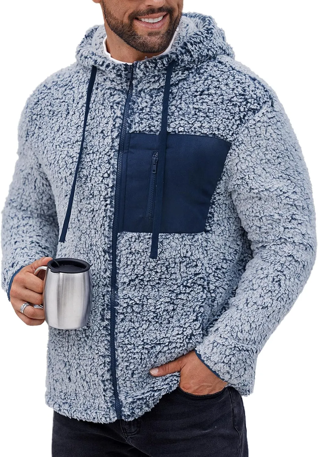 Men's Sherpa Zipper Hoodie Fuzzy Fleece Jacket Color Block Thermal Cardigan with Pockets (S-XXL)
