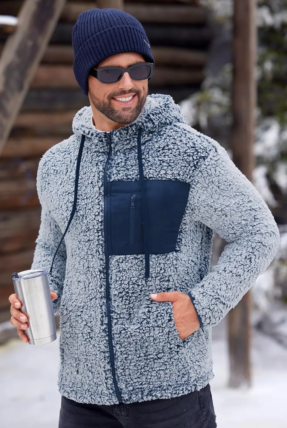Men's Sherpa Zipper Hoodie Fuzzy Fleece Jacket Color Block Thermal Cardigan with Pockets (S-XXL)