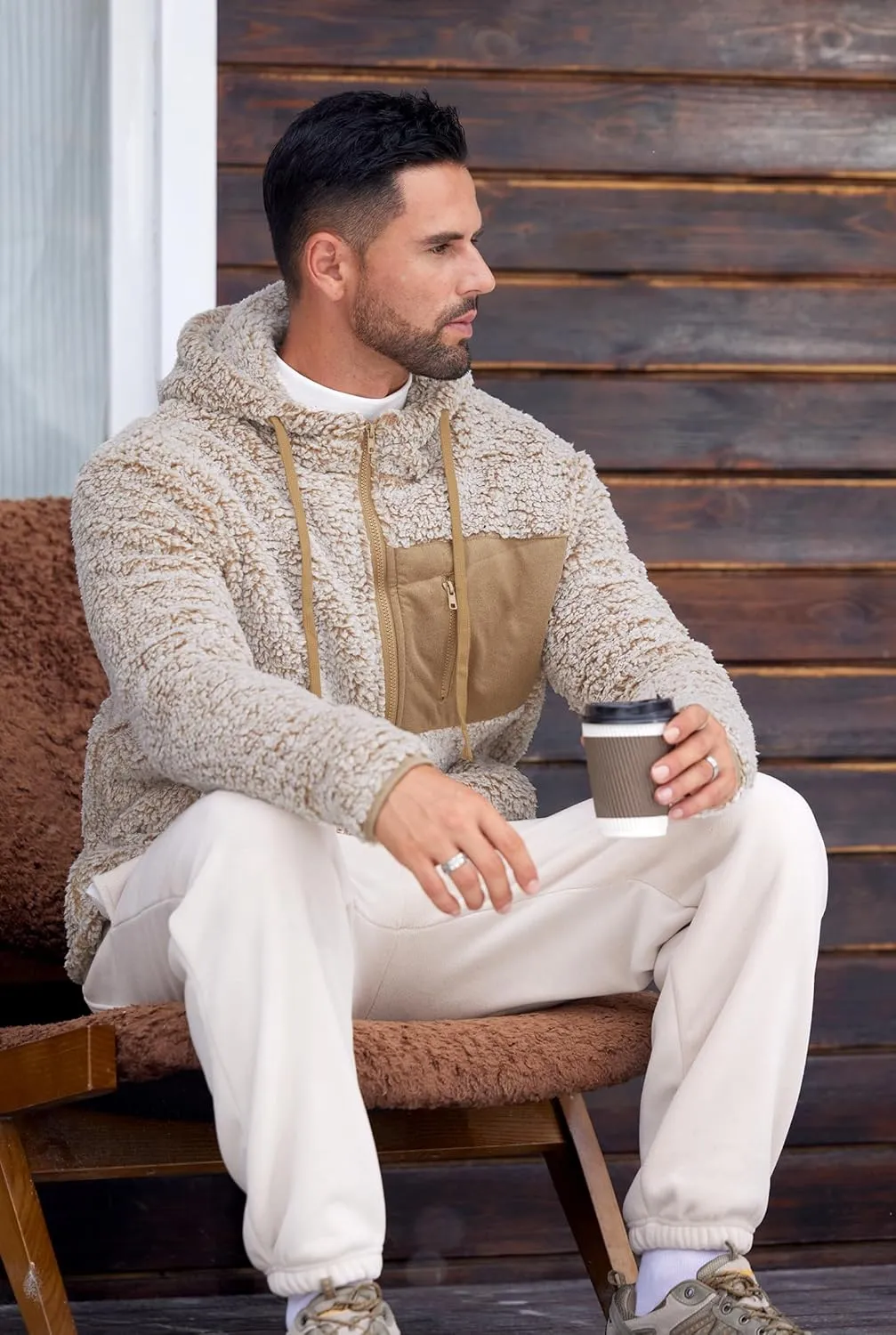 Men's Sherpa Zipper Hoodie Fuzzy Fleece Jacket Color Block Thermal Cardigan with Pockets (S-XXL)