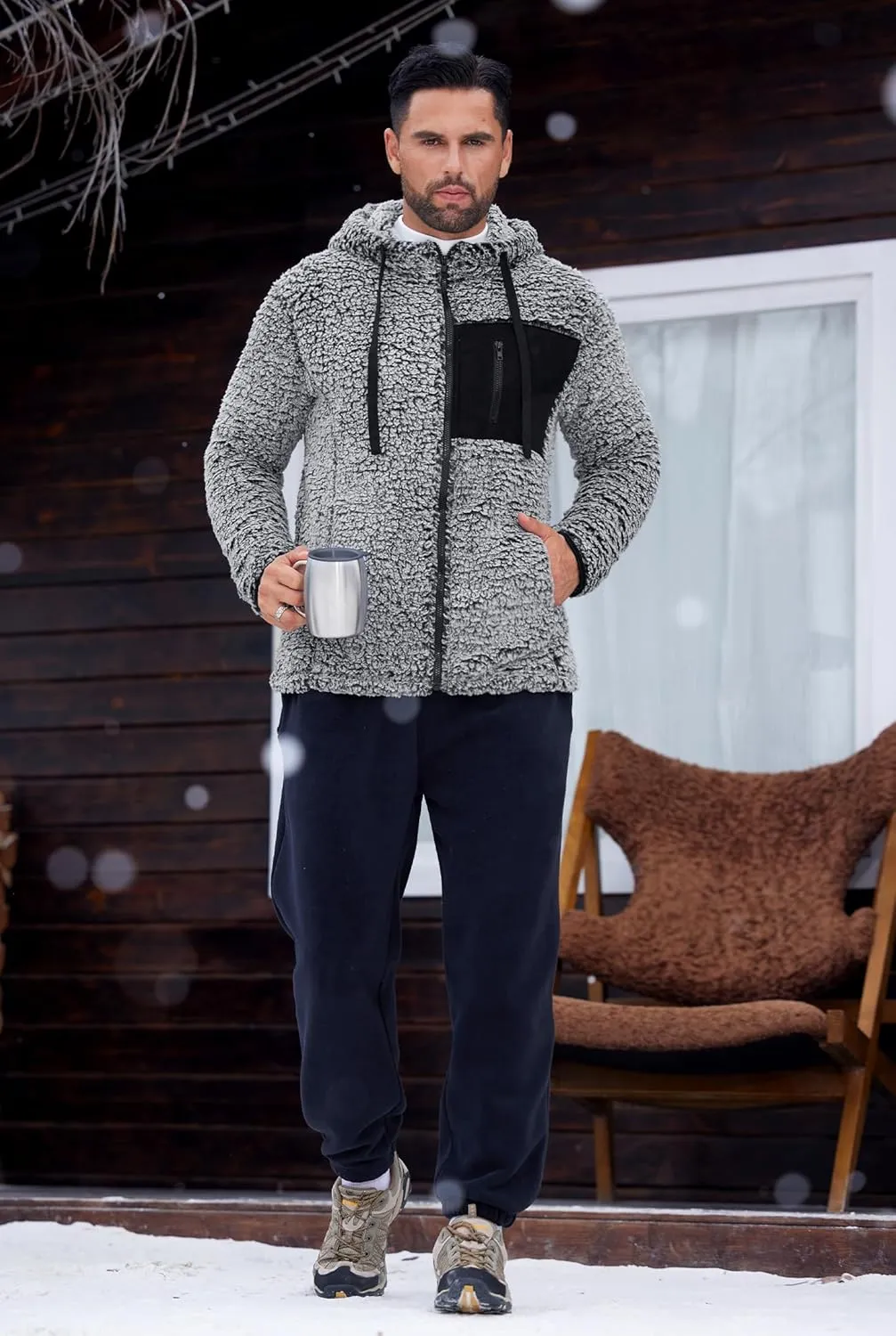 Men's Sherpa Zipper Hoodie Fuzzy Fleece Jacket Color Block Thermal Cardigan with Pockets (S-XXL)