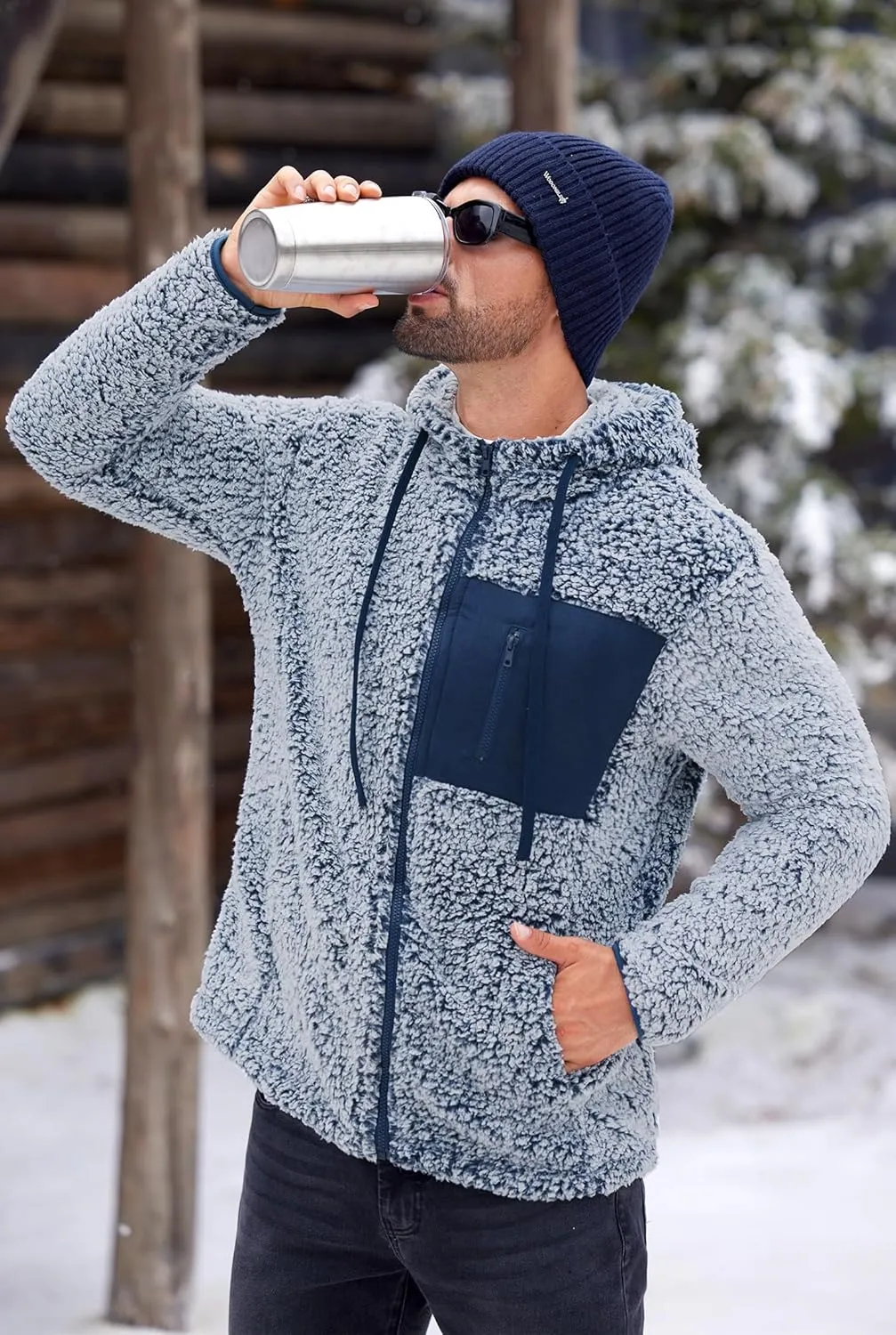 Men's Sherpa Zipper Hoodie Fuzzy Fleece Jacket Color Block Thermal Cardigan with Pockets (S-XXL)