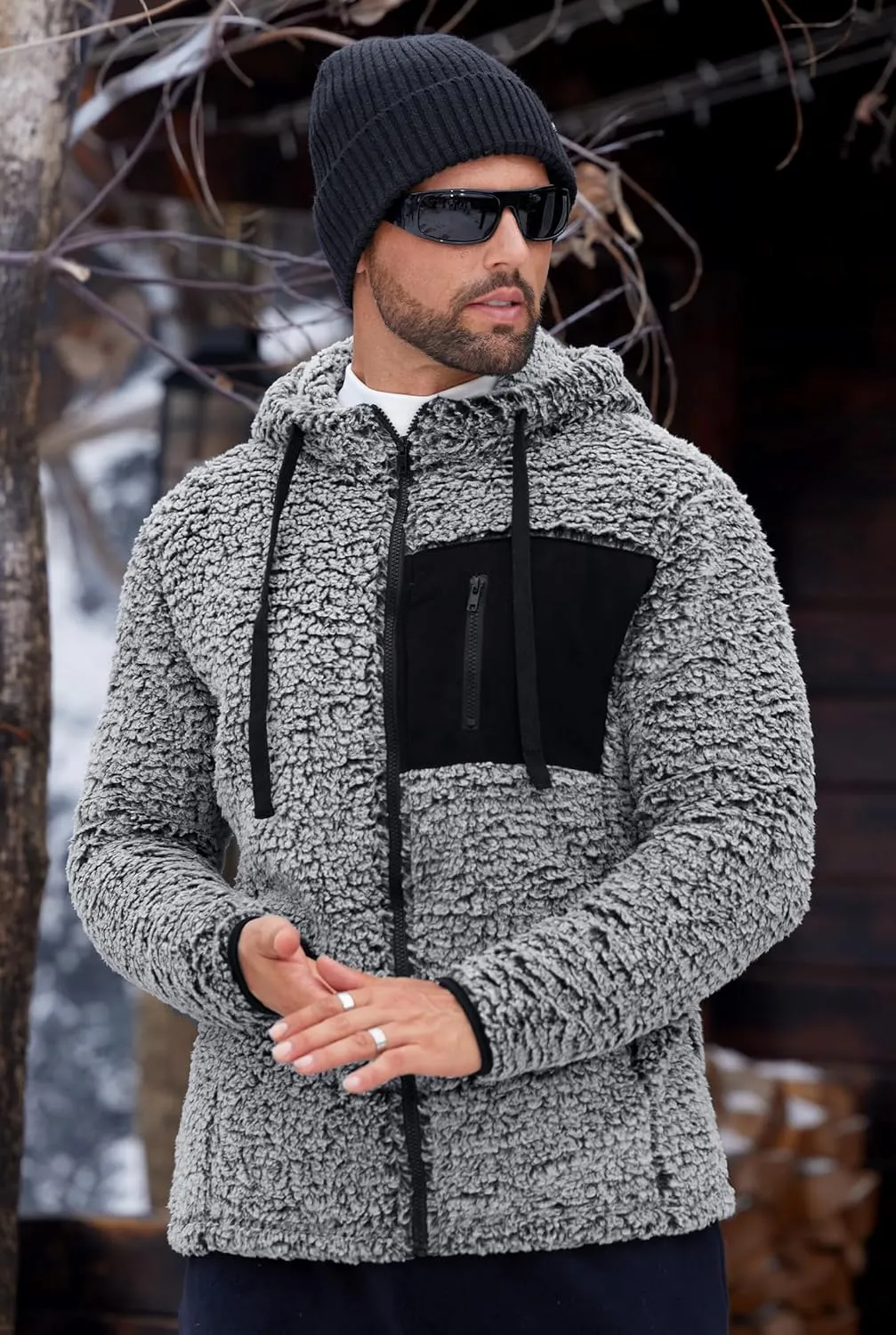 Men's Sherpa Zipper Hoodie Fuzzy Fleece Jacket Color Block Thermal Cardigan with Pockets (S-XXL)
