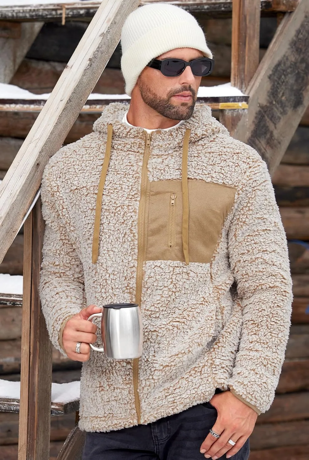 Men's Sherpa Zipper Hoodie Fuzzy Fleece Jacket Color Block Thermal Cardigan with Pockets (S-XXL)