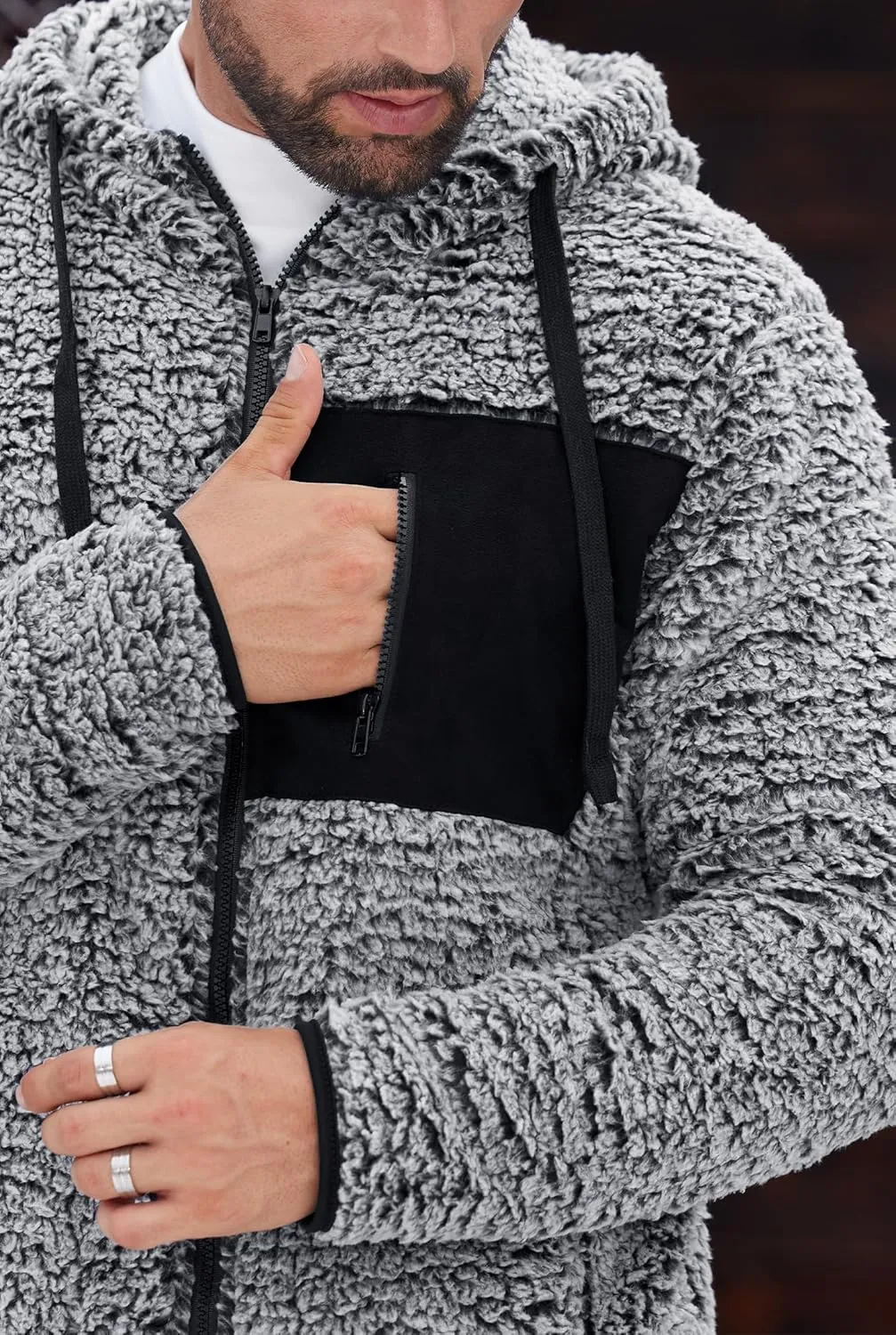 Men's Sherpa Zipper Hoodie Fuzzy Fleece Jacket Color Block Thermal Cardigan with Pockets (S-XXL)