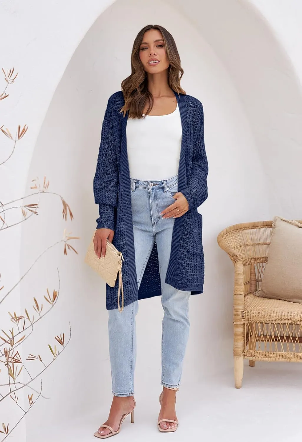MEROKEETY Women's Oversized Long Batwing Sleeve Cardigan Waffle Knit Sweater Coat