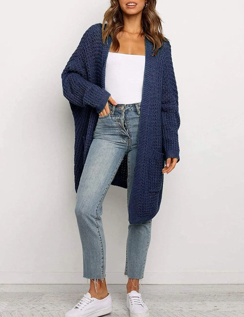MEROKEETY Women's Oversized Long Batwing Sleeve Cardigan Waffle Knit Sweater Coat