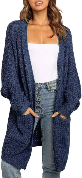 MEROKEETY Women's Oversized Long Batwing Sleeve Cardigan Waffle Knit Sweater Coat