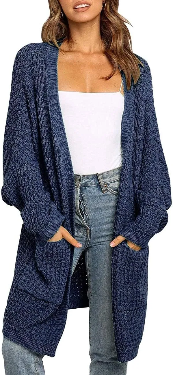 MEROKEETY Women's Oversized Long Batwing Sleeve Cardigan Waffle Knit Sweater Coat