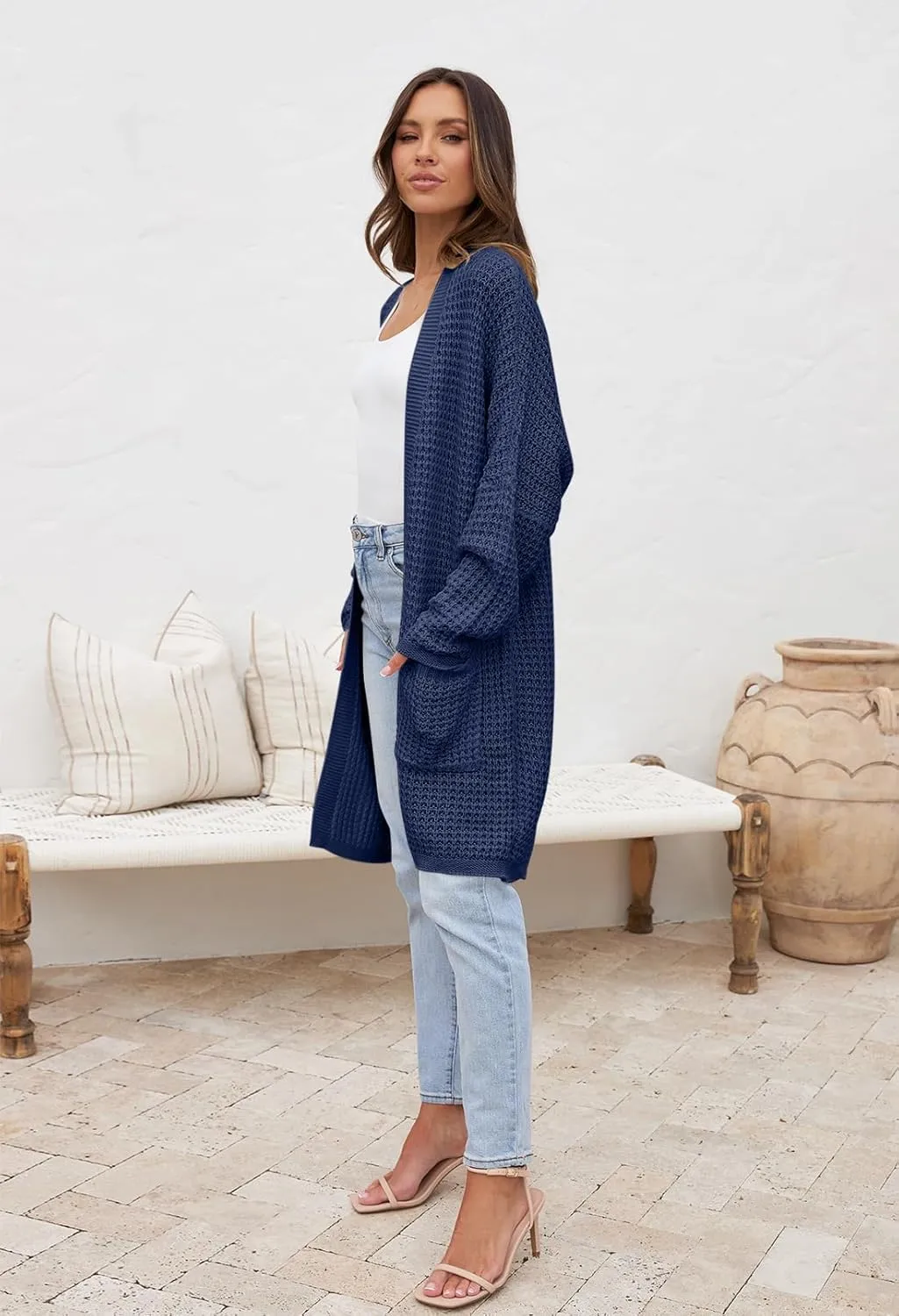 MEROKEETY Women's Oversized Long Batwing Sleeve Cardigan Waffle Knit Sweater Coat