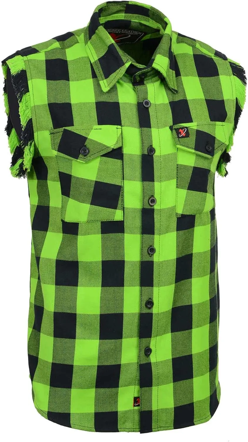 Milwaukee Leather MNG11691 Mens Classic Black and Green Button-Down Flannel Cut Off Frayed Sleeveless Casual Shirt