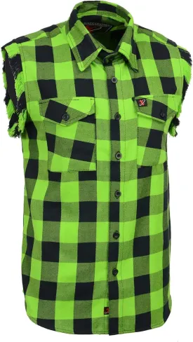 Milwaukee Leather MNG11691 Mens Classic Black and Green Button-Down Flannel Cut Off Frayed Sleeveless Casual Shirt