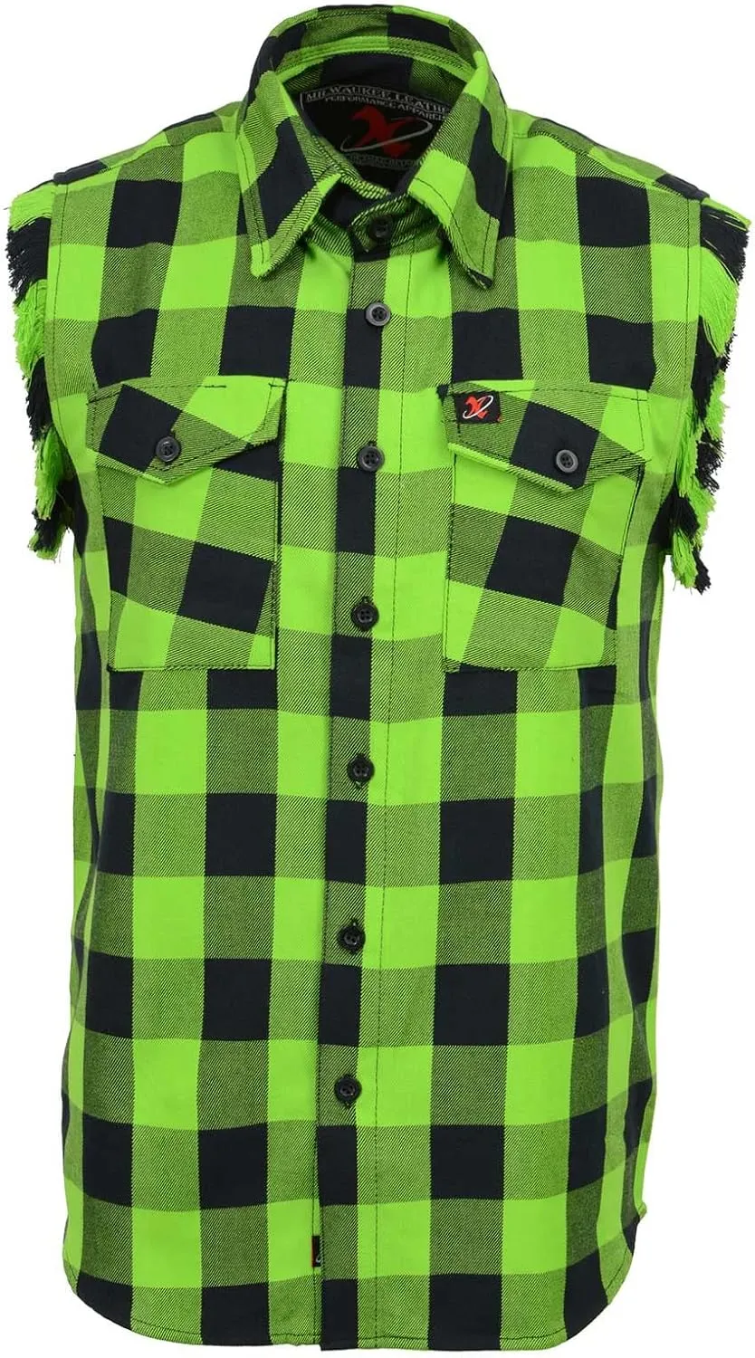 Milwaukee Leather MNG11691 Mens Classic Black and Green Button-Down Flannel Cut Off Frayed Sleeveless Casual Shirt