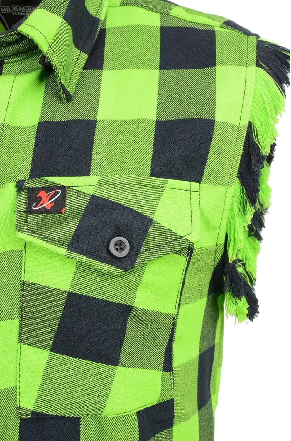 Milwaukee Leather MNG11691 Mens Classic Black and Green Button-Down Flannel Cut Off Frayed Sleeveless Casual Shirt