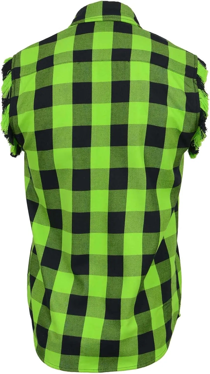 Milwaukee Leather MNG11691 Mens Classic Black and Green Button-Down Flannel Cut Off Frayed Sleeveless Casual Shirt
