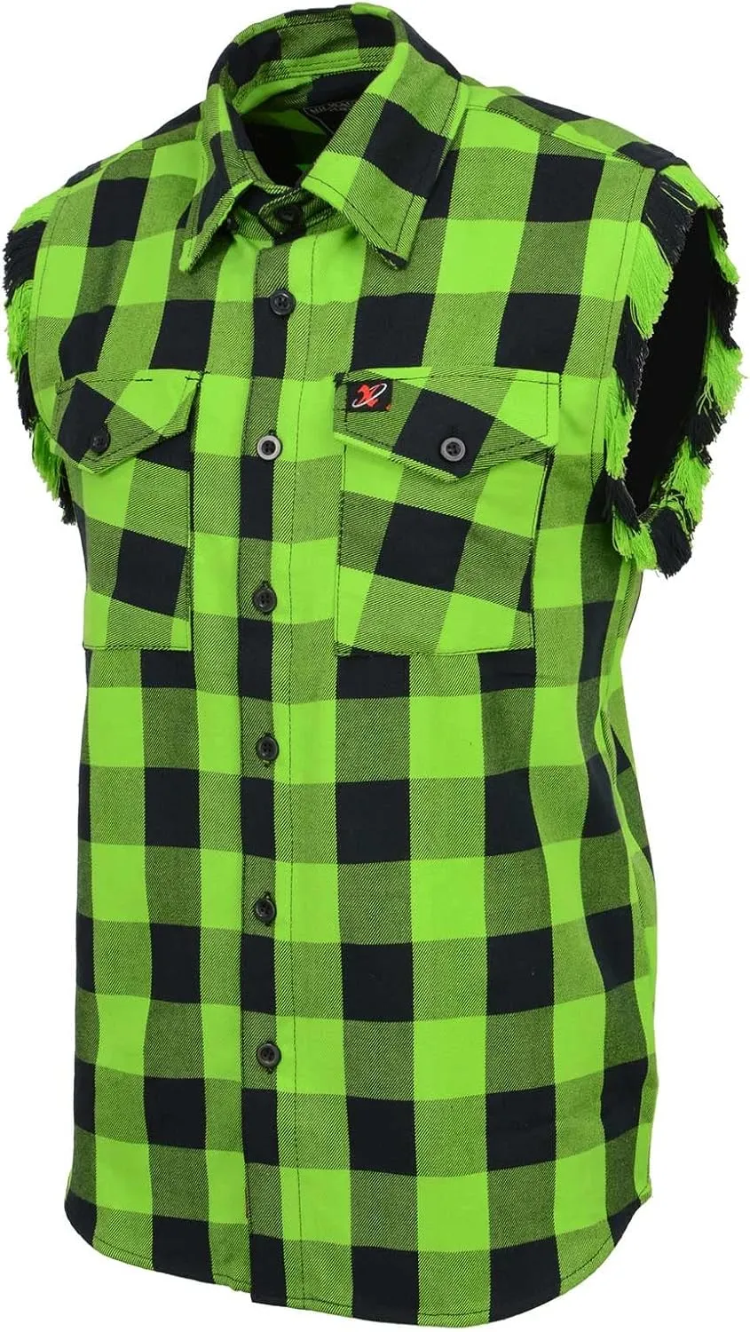 Milwaukee Leather MNG11691 Mens Classic Black and Green Button-Down Flannel Cut Off Frayed Sleeveless Casual Shirt