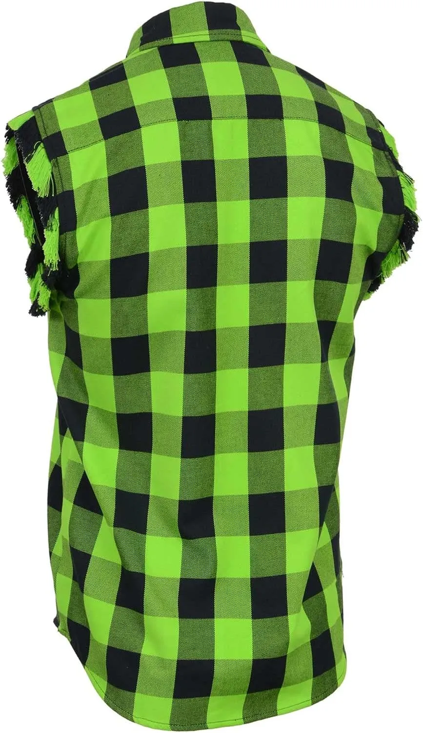 Milwaukee Leather MNG11691 Mens Classic Black and Green Button-Down Flannel Cut Off Frayed Sleeveless Casual Shirt
